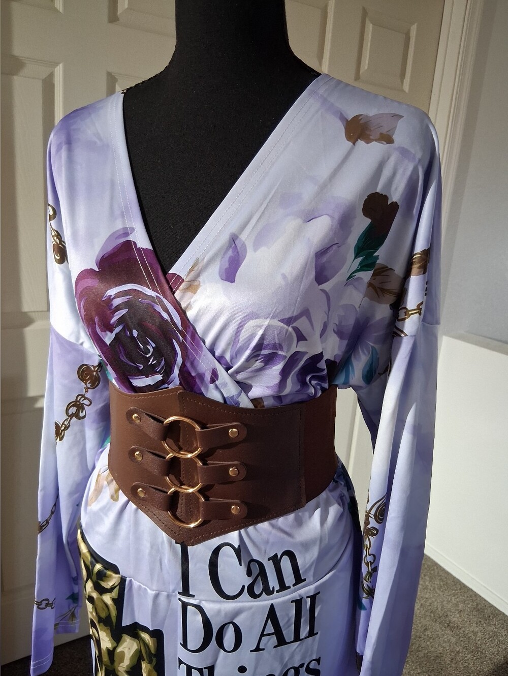 New-Floral Scripture Lavender Wrap-Style Midi Stretch Dress - Picture 3 of 11